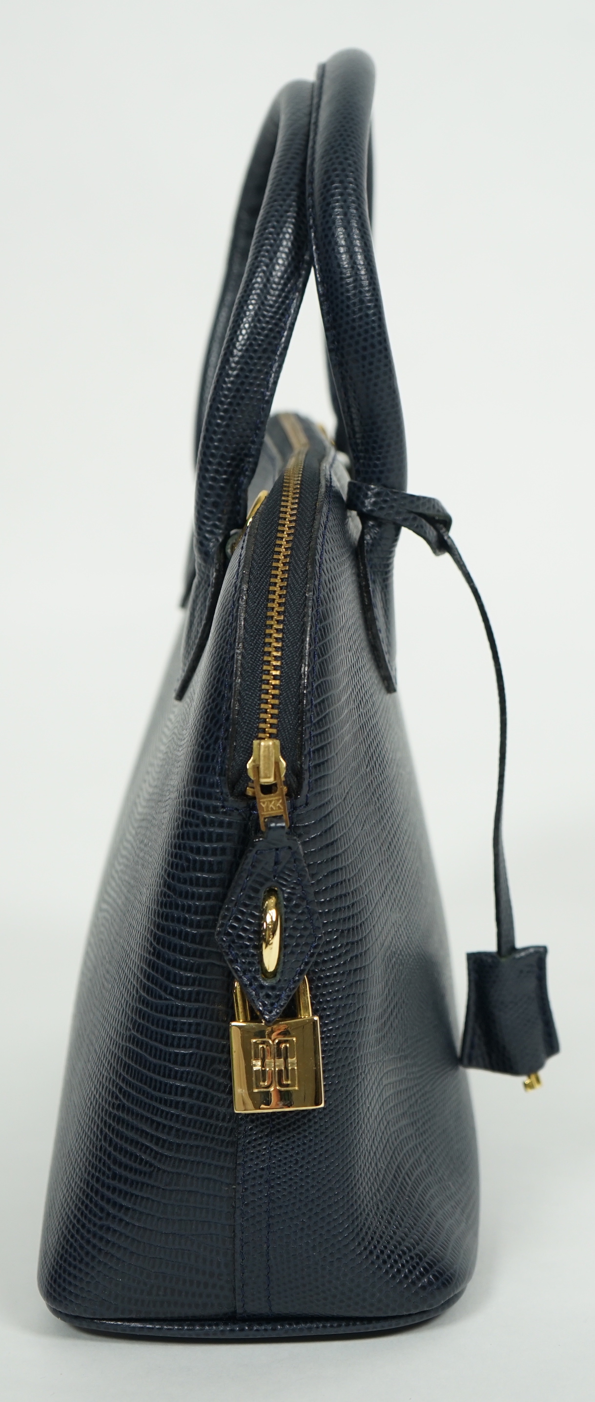 A Daks London blue faux lizard effect leather handbag with detachable shoulder strap, width 30cm, height 21cm, height to handles 30cm